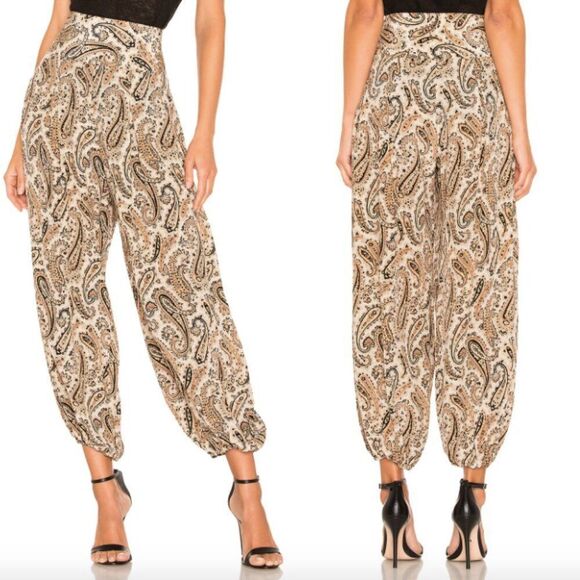 Nili Lotan tan beige black paisley boho print silk Moscow balloon harem pants